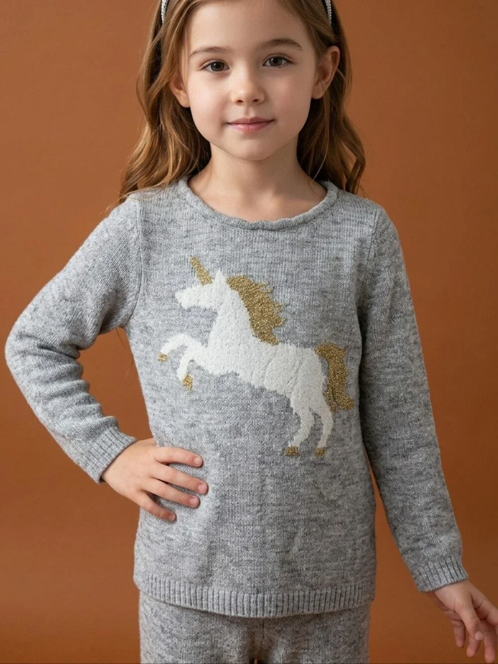 Carter's 5T Unicorn Sweater Lurex Knitted Gray Metallic Gold Pullover Toddler 5